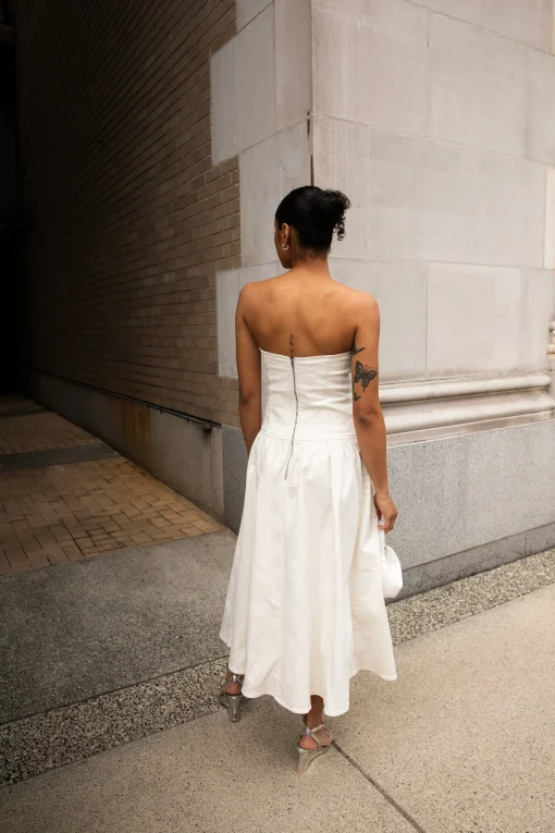 DROP-WAIST STRAPLESS TWILL DRESS