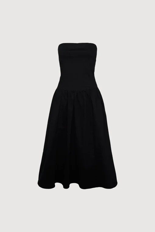 DROP-WAIST STRAPLESS TWILL DRESS