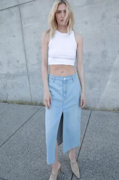 FRONT SLIT DENIM MIDI SKIRT