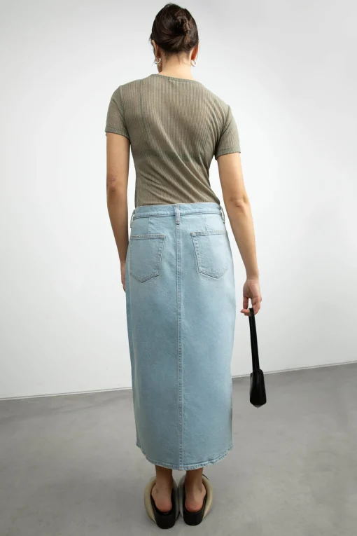 FRONT SLIT DENIM MIDI SKIRT