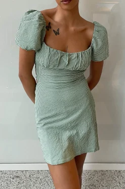 GINGHAM PUFF SLEEVE MINI DRESS
