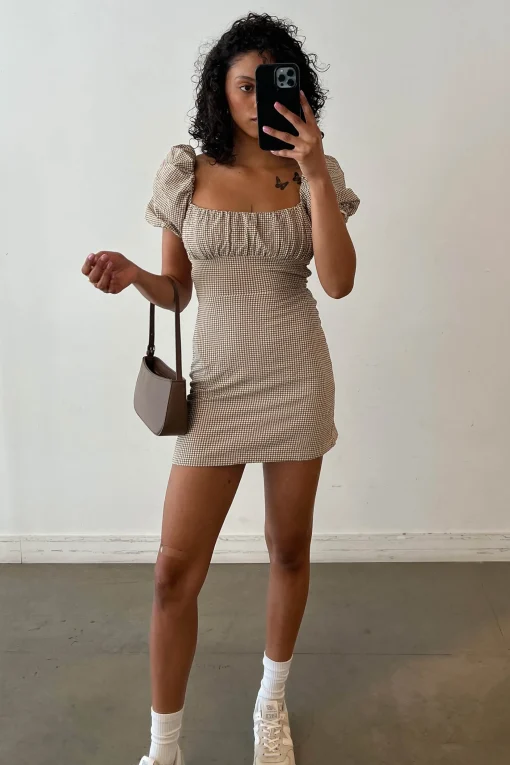 GINGHAM PUFF SLEEVE MINI DRESS