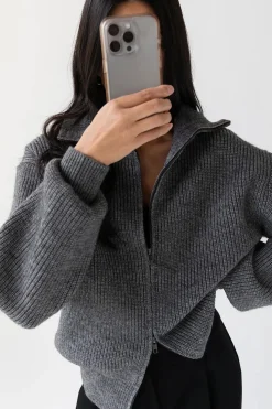 HIGH NECKLINE ZIP UP SWEATER