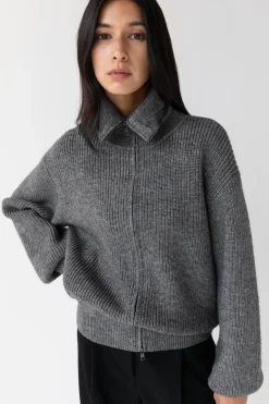 HIGH NECKLINE ZIP UP SWEATER