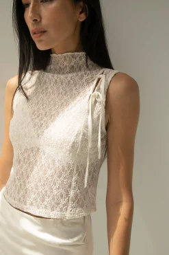 LACE MOCKNECK TANK TOP WITH BOWS