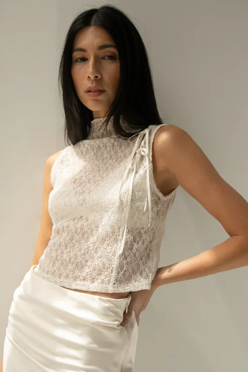 LACE MOCKNECK TANK TOP WITH BOWS