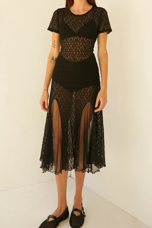 LACE SHORT SLEEVE MIDI DRESS