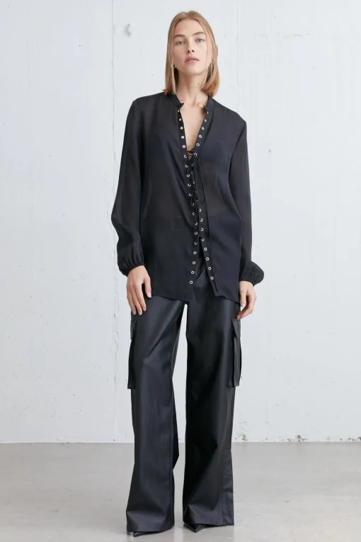 LACE-UP CHIFFON BLOUSE
