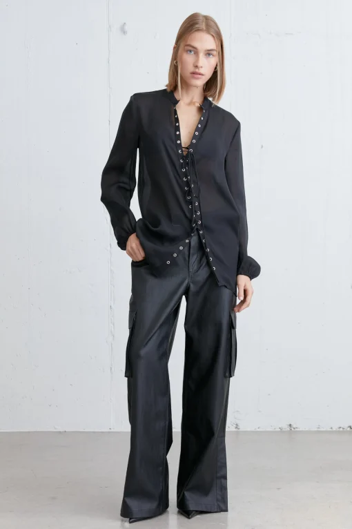 LACE-UP CHIFFON BLOUSE