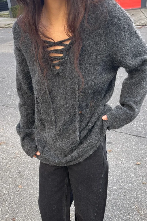 LACE-UP DISTRESSED SWEATER