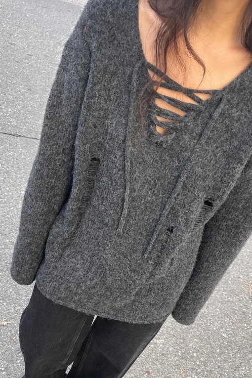 LACE-UP DISTRESSED SWEATER