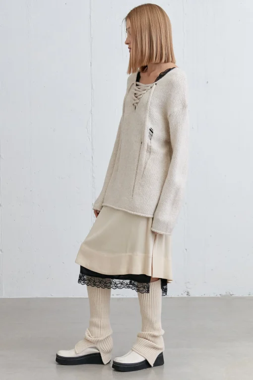 LACE-UP DISTRESSED SWEATER