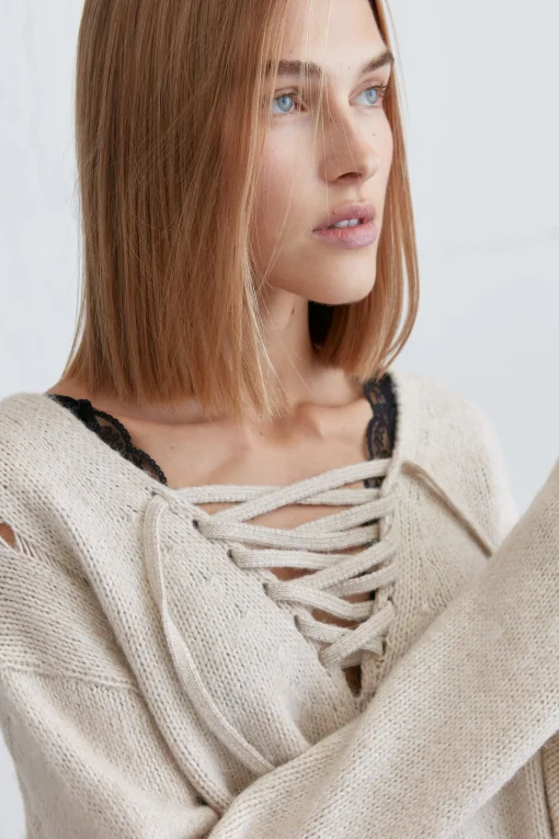 LACE-UP DISTRESSED SWEATER