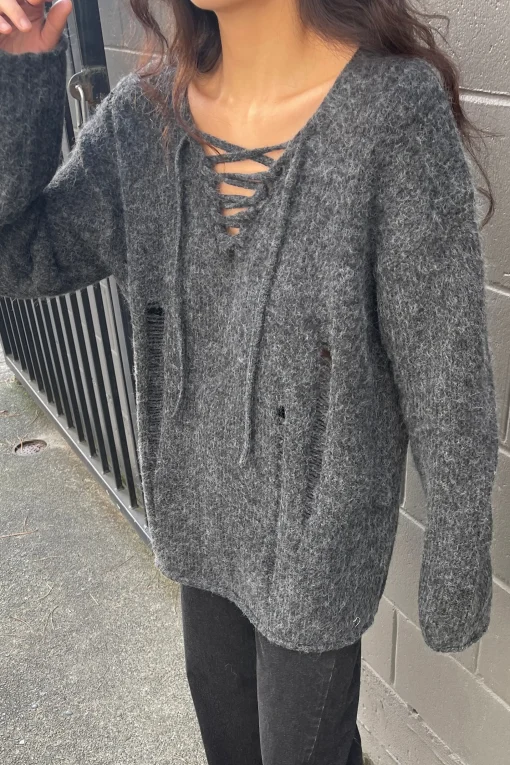 LACE-UP DISTRESSED SWEATER
