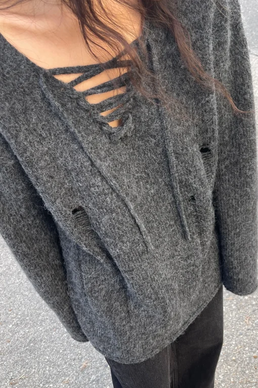 LACE-UP DISTRESSED SWEATER