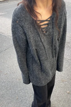 LACE-UP DISTRESSED SWEATER