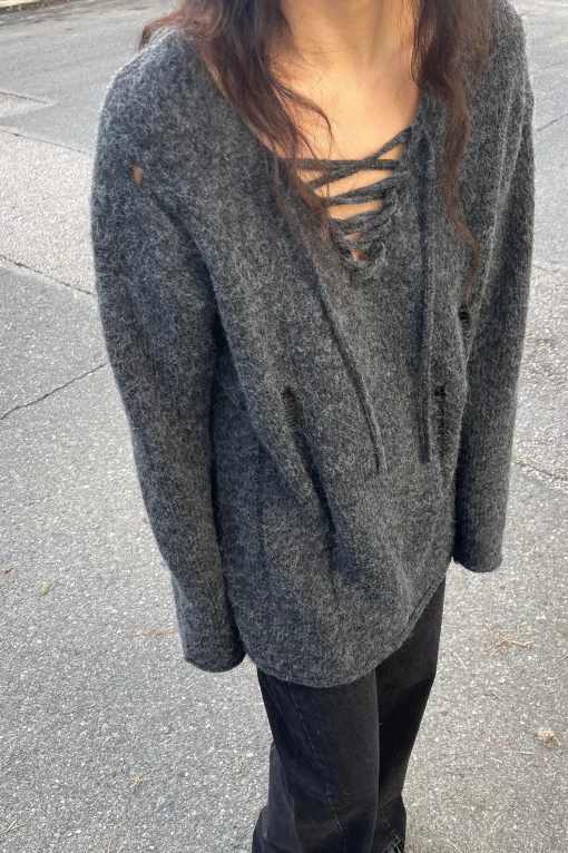 LACE-UP DISTRESSED SWEATER