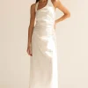 LINEN BLEND ASYMMETRIC HALTER MAXI DRESS