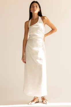 LINEN BLEND ASYMMETRIC HALTER MAXI DRESS