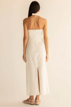 LINEN BLEND ASYMMETRIC HALTER MAXI DRESS