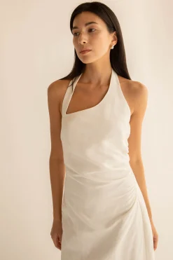 LINEN BLEND ASYMMETRIC HALTER MAXI DRESS