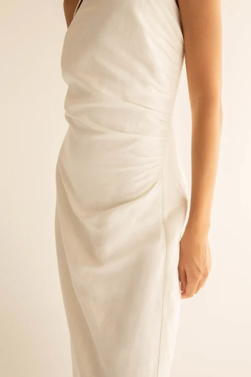 LINEN BLEND ASYMMETRIC HALTER MAXI DRESS