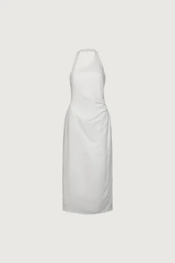 LINEN BLEND ASYMMETRIC HALTER MAXI DRESS