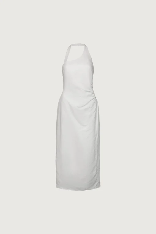 LINEN BLEND ASYMMETRIC HALTER MAXI DRESS