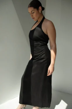 LINEN BLEND ASYMMETRIC HALTER MAXI DRESS