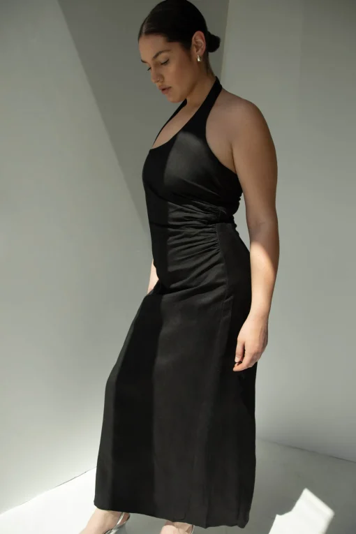 LINEN BLEND ASYMMETRIC HALTER MAXI DRESS