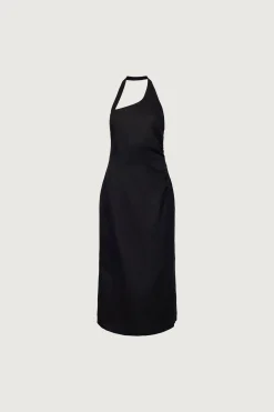 LINEN BLEND ASYMMETRIC HALTER MAXI DRESS
