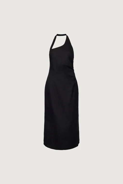 LINEN BLEND ASYMMETRIC HALTER MAXI DRESS