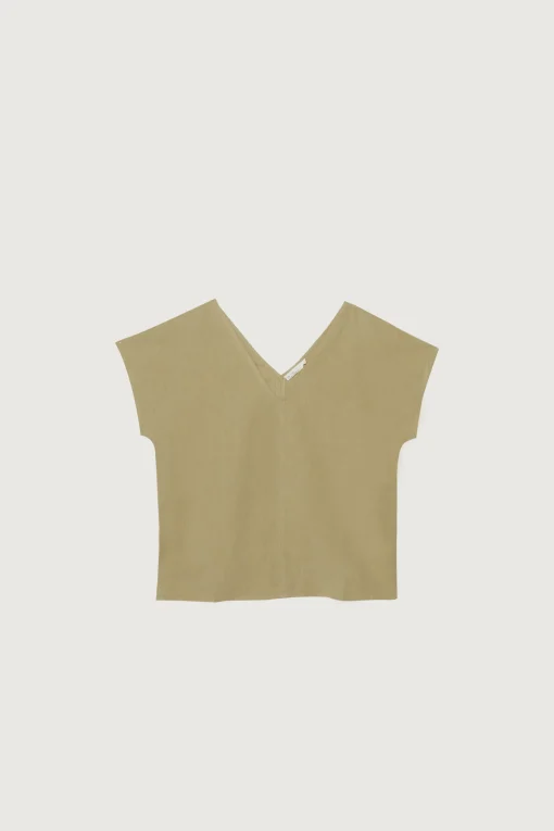 LINEN BLEND V-NECK BLOUSE