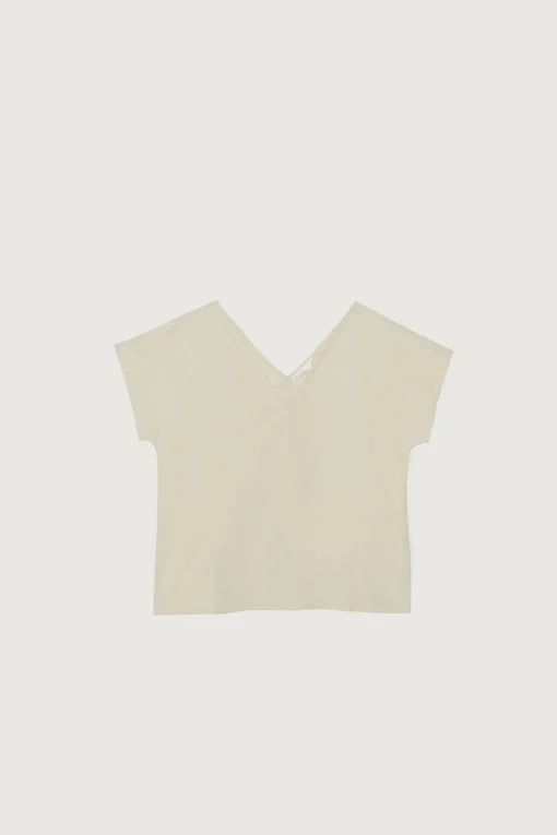 LINEN BLEND V-NECK BLOUSE