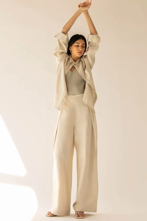 LINEN BLEND WIDE LEG DRESS PANT
