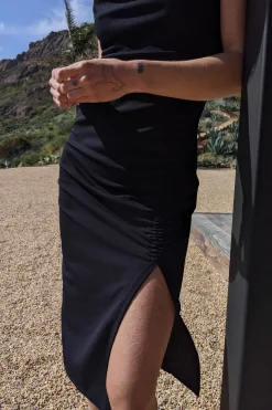 MIDI RUCHED DRESS WITH SIDE SLIT
