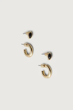 MOON STONE SILVER + ONYX GOLD EARRING SET