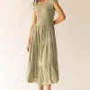 OFF THE SHOULDER CRINKLED MIDI TIERED DRESS