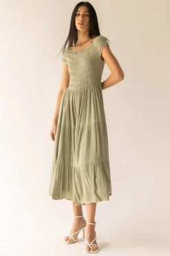 OFF THE SHOULDER CRINKLED MIDI TIERED DRESS