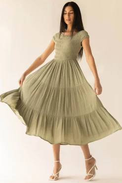 OFF THE SHOULDER CRINKLED MIDI TIERED DRESS
