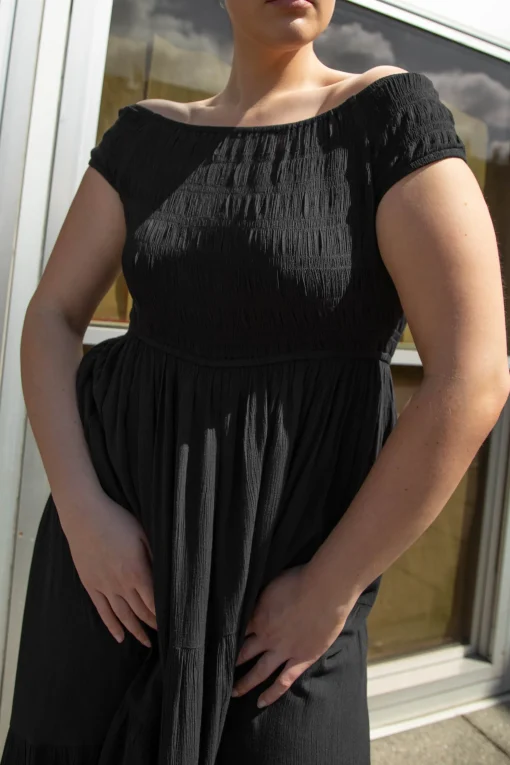 OFF THE SHOULDER CRINKLED MIDI TIERED DRESS