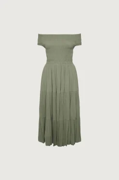 OFF THE SHOULDER CRINKLED MIDI TIERED DRESS
