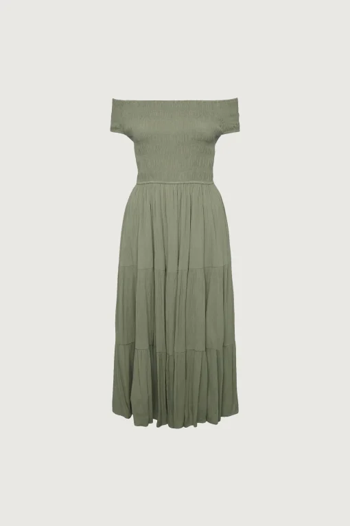 OFF THE SHOULDER CRINKLED MIDI TIERED DRESS