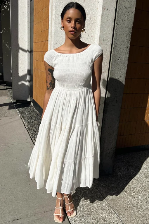 OFF THE SHOULDER CRINKLED MIDI TIERED DRESS