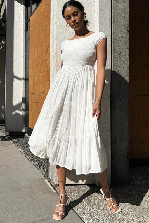 OFF THE SHOULDER CRINKLED MIDI TIERED DRESS