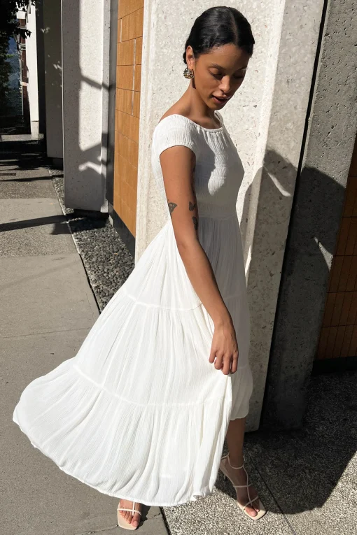 OFF THE SHOULDER CRINKLED MIDI TIERED DRESS