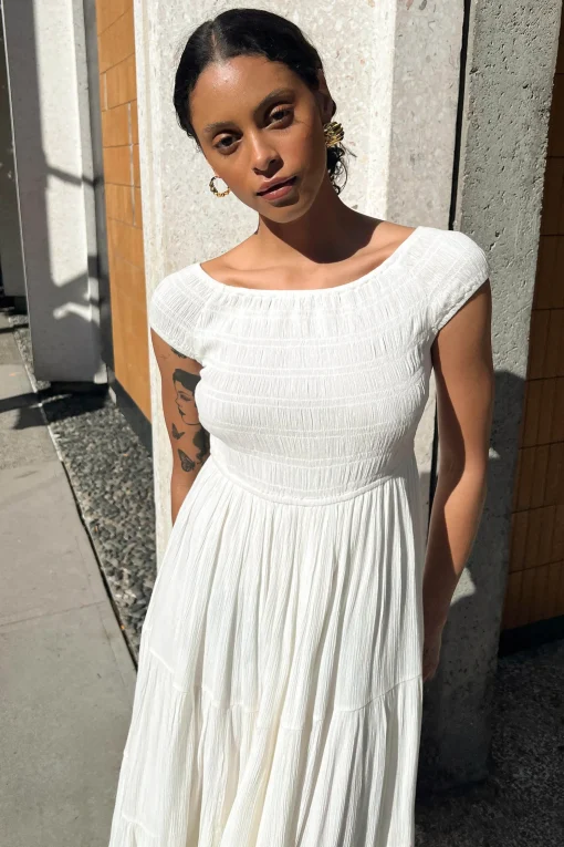 OFF THE SHOULDER CRINKLED MIDI TIERED DRESS