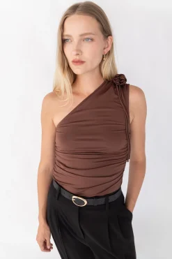 ONE SHOULDER RUCHED TOP WITH ROSETTE DETAIL