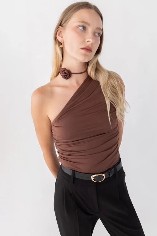 ONE SHOULDER RUCHED TOP WITH ROSETTE DETAIL