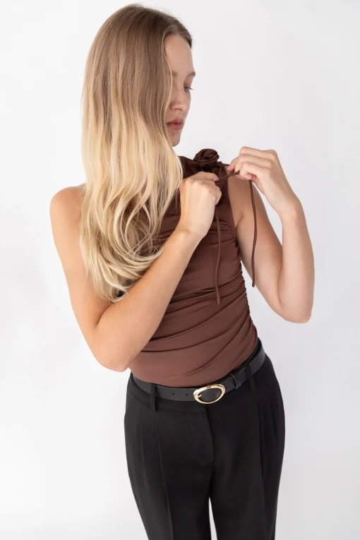 ONE SHOULDER RUCHED TOP WITH ROSETTE DETAIL